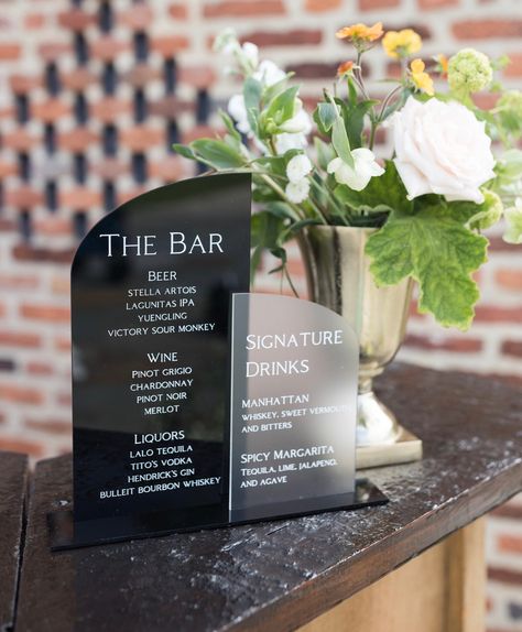 Black And White Bar Sign Wedding, Vinyl Acrylic Sign, Engagement Party Bar Sign, Arch Bar Sign, Black And White Engagement Party, Acrylic Bar Sign, Signature Cocktail Drinks, White Engagement Party, Cheers Bar