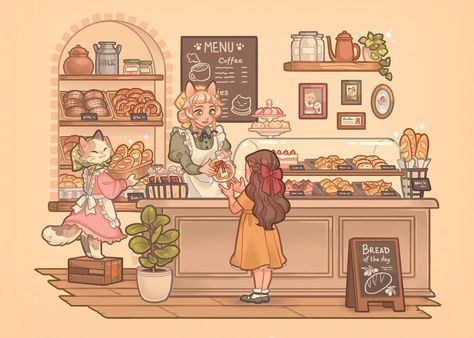 Here’s this month’s Cozy Bakery print! 🧁✨ I can almost smell the fresh croissants and I’m seriously missing my European bakeries now. 🥲♥️ • You can get this print (and other goodies!) by being a member or joining my Patre•n this September. 🥰 Swipe to get a closer look and to see the back design! A full reveal of all goodies will come once I have the bookmark designs ready as well. 😌 • • • #cozy #bakery #cute #digitalart #illustration #pastelcolors #pastries #bakerylover #catgirl #kitty #cuteart Bakery Drawing, Pastry Illustration, Fresh Croissants, Baking Illustration, Bakery Illustration, Bakery Background, Bakery Window, Cozy Bakery, Bakery Aesthetic