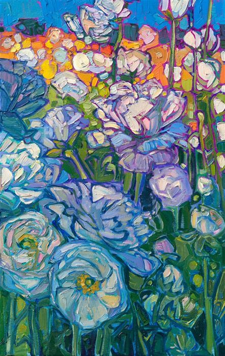 Spring Blooming original oil painting of flowers in a modern impressionistic style, by Erin Hanson Erin Hansen, Pulp Painting, Oil Painting Of Flowers, Impressionist Flowers, Garden Ceramics, Abstract Impressionism, Erin Hanson, Contemporary Impressionism, Colour Combos