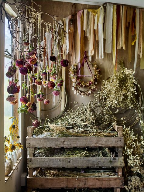 Dried Wall Hanging, Dried Flower Studio, Decorating With Dried Flowers, Dried Flower Storage Ideas, Hanging Dried Flowers Decor, Flower Drying Rack, Hanging Dried Flowers, Branch Ideas, Apothecary Aesthetic