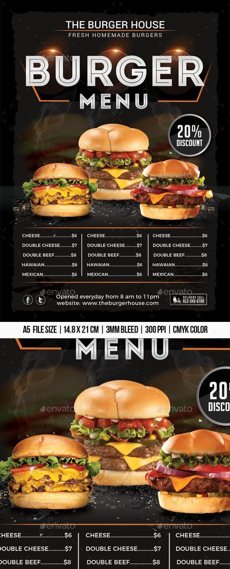 Burger Menu Flyer  #flyer #restaurant #food #FlyerTemplate #PrintDesign #flyers #RestaurantFlyer #GraphicDesign #design #GraphicRiver #designresources #BestDesignResources Restaurant Posters, Sample Flyers, Papan Menu, Business Restaurant, Restaurant Flyers, Food Truck Menu, Restaurant Advertising, Menue Design, Advertising Flyers