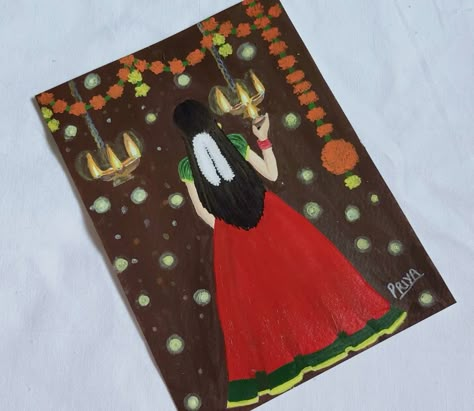 Diwali Fabric Painting, Diwali Girl Drawing, Drawing On Diwali, Diwali Painting Canvas, Deepavali Drawing, Diwali Drawing Painting, Diwali Art Painting, Diwali Sketch Drawing, Diwali Drawing Painting Ideas