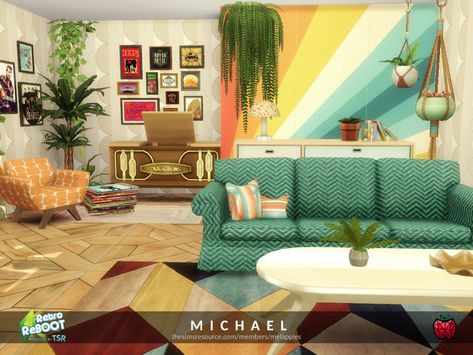 Sims 4 — Retro ReBOOT - Michael living by melapples — a retro and colourful living room. enjoy! 9x7 $10895 short walls Sims 4 70s House, 80s Couch, Sims 4 Retro, 70s House Decor, 90s Furniture, Living Room 70s, 1970s Living Room, Funky Sofa, Living Room Sims 4