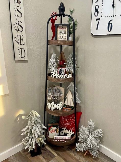 Hobby Lobby Farmhouse Decor Living Room, Hobby Lobby Shelf Decor, Christmas Foyer Decor, Christmas Ladder, Christmas Closet, Christmas Foyer, Front Closet, Santa Ideas, Tiered Shelf