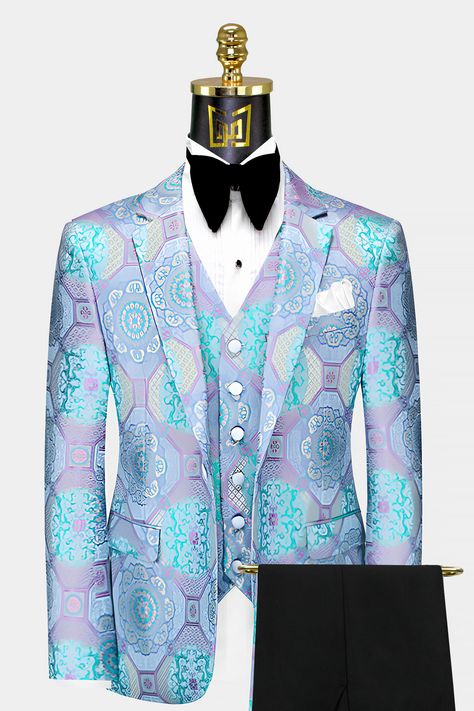 Turquoise Tuxedo, Turquoise Suit, Purple Tuxedo, Mandala Embroidery, Turquoise Mandala, Men African Fashion, Tuxedo Prom, Mens 3 Piece Suits, Vintage Tuxedo