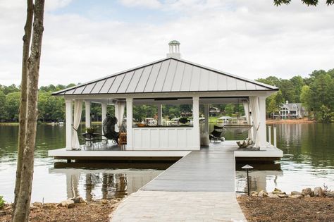 Lake Gaston Waterfront Retreat | Heather Garrett Interior Design | HGTV Floating Lounge, Dock House, Lake Houses Exterior, Lake Dock, Lakefront Living, Deck Party, Lakeside Living, Lakefront Property, Lake Living