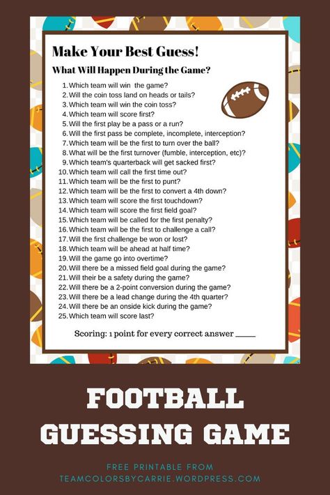 When filling out "squares" for the big football game gets old, give this guessing game a try instead! It's free to download and print at home. Football Party Banner, Diy Football Party, Football Party Decorations, Football Diy, Nfl Playoffs, The Game Is Over, Game Start, Sports Party, Guessing Games