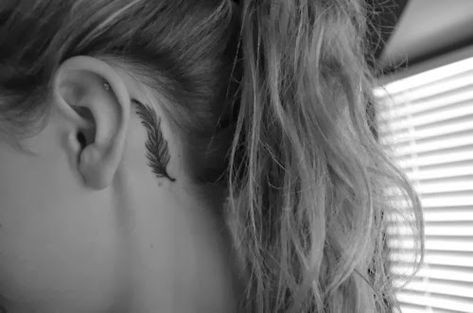 Feather Tattoo Ear, Back Ear Tattoo, Small Feather Tattoo, Little Bird Tattoos, Small Tattoo Placement, Cool Small Tattoos, Feather Tattoo, Music Tattoos, Dainty Tattoos