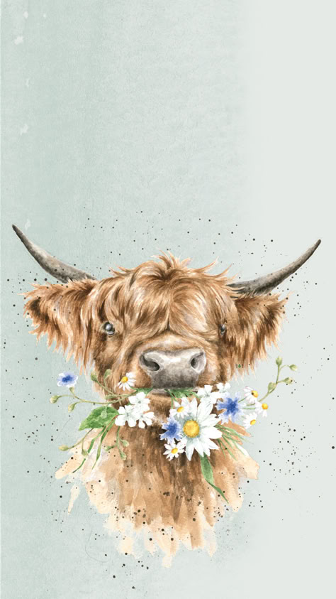 'Daisy Coo' Highland Cow Phone Wallpaper by Wrendale Designs Aesthetic Highland Cow, Highland Cow Cute Wallpaper, Highland Cow Aesthetic Wallpaper, Aesthetic Highland Cow Wallpaper, Highland Cow Background Wallpapers, Fall Highland Cow Wallpaper, Cartoon Cow Wallpaper, Highland Cow Wallpaper Iphone, Apple Watch Background Wallpapers