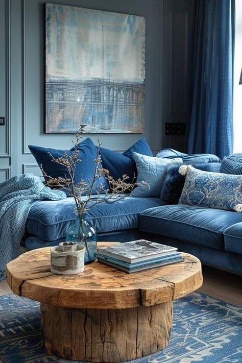 Ocean Theme Living Room, Blue Boho Living Room, Bohemian Elements, Blue Interior Design, Hallway Designs, Tones Of Blue, Boho Interiors, Blue Home Decor, Blue Living Room