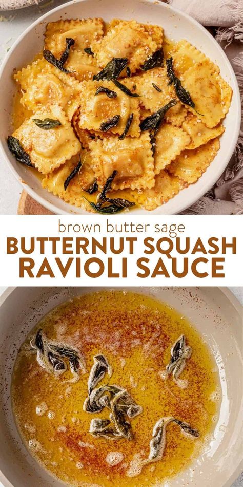 Brown Butter Sage Butternut Squash Ravioli Sauce Sauces For Butternut Squash Ravioli, Squash Ravioli Sauce, Butternut Squash Ravioli Sauce, Sage Butternut Squash, Ravioli Sauce Recipe, Butter Sage Sauce, Butter Sauce For Pasta, Brown Butter Sage Sauce, Brown Butter Sage