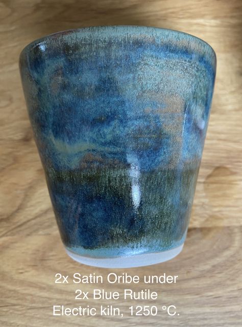 2x Satin Oribe under 2x Blue Rutile, Amaco Potter's Choice (PC) fired in electric kiln at 1250 °C. Amaco Satin Oribe Glaze Combinations, Satin Oribe Glaze Combinations, Amaco Satin Oribe, Satin Oribe Glaze, Ceramic Totems, Glaze Layering, Blue Rutile, Glaze Combinations, Glaze Combos