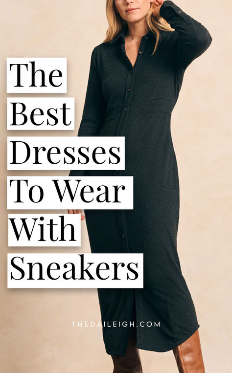 The best dresses to wear with sneakers Winter Dresses With Sneakers, Knit Dress And Sneakers Outfit, Dress With Sneakers Winter, Sweater Dress With Sneakers, Dressy Outfits With Sneakers, Dresses To Wear With Sneakers, Sneakers To Wear With Dresses, Dresses With Tennis Shoes, Nb Sneakers