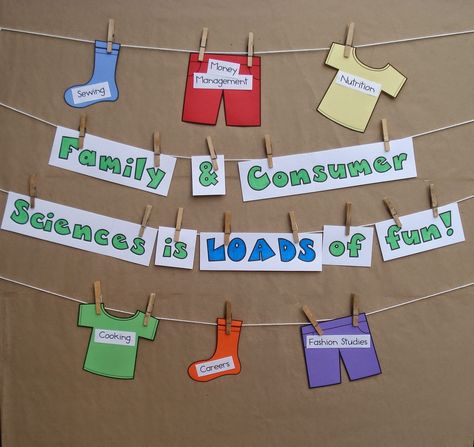 Ideas for FACS teachers: Family & Consumer Sciences is LOADS of fun! Home Economics Classroom, Family Consumer Science, Fcs Classroom, Science Bulletin Boards, Science Classroom Decorations, Family And Consumer Science, Classroom Board, Classroom Bulletin Boards, Home Economics