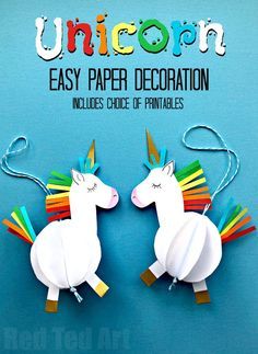 Easy 3D Paper Unicorn Decoration - Awww paper crafts for kids are so fun and so easy. All you need for these OH SO CUTE 3D Unicorn Baubles, is one sheet of A4 paper and some scraps of coloured paper (or some pens!). Alternatively make use of our handy free printables - there are 3 versions - templates, colour yourself or CUT and ASSEMBLE. Just so CUTE! Love. Diy With Kids, Paper Unicorn, 3d Unicorn, October Crafts, Kids Homemade, Paper Christmas Ornaments, Paper Decoration, Unicorn Ornaments, Unicorn Crafts