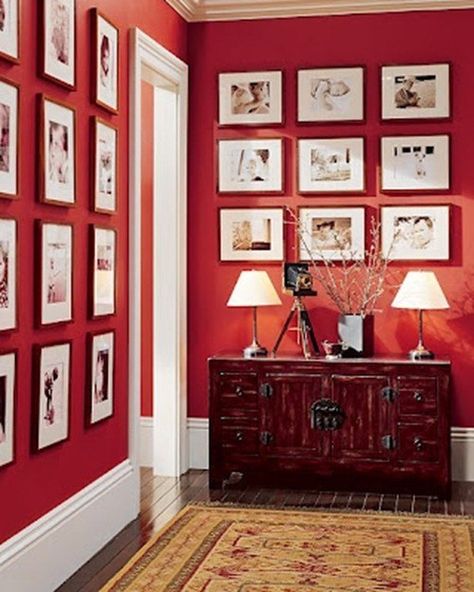 Red Accent Wall, Pottery Barn Black, Timeless Paint Colors, Hallway Gallery Wall, Red Paint Colors, Living Room Red, Red Room, Red Wall, Bedroom Red