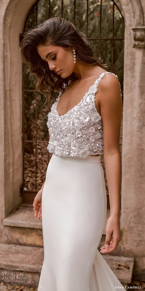 Wedding Dress With Beaded Top, 2 Piece Wedding Dress Crop Tops, Halter Top Wedding Dress, Two Piece Bridesmaid Dresses, Anna Campbell Wedding Dress, Anna Campbell Bridal, Wedding Dress Separates, 2 Piece Wedding Dress, Crop Top Wedding Dress