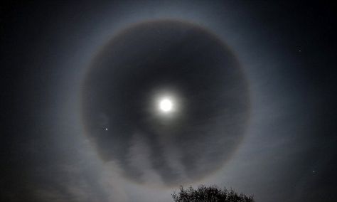 Observers around the UK snapped images of a 'moon ring' last night (picture shown). The amazing phenomenon occurs when light from the moon reflects off ice crystals in the atmosphere. Cirrostratus Clouds, Moon Halo, Ring Around The Moon, Ice Ring, Lunar Moon, Art Assignments, Ice Crystals, Night Pictures, Light Ring