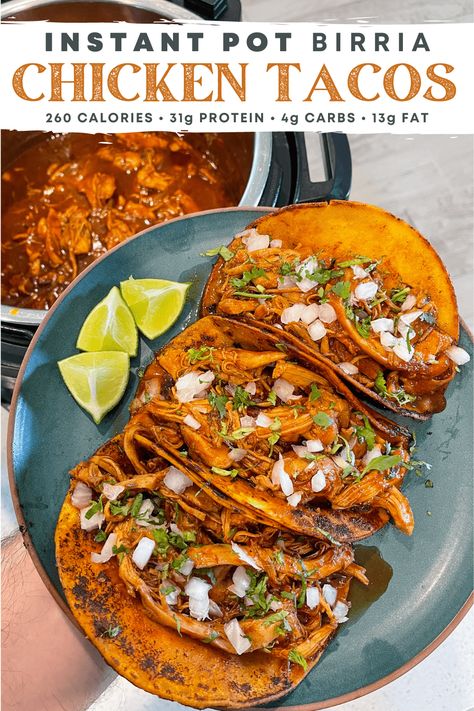 Birra Chicken Tacos Easy, Instant Pot Chicken Birria Tacos, Birria Pressure Cooker Recipes, Birria Tacos Recipe Chicken, Healthy Birria Tacos, Crock Pot Chicken Birria Tacos, Birria Chicken Tacos Recipe Crockpot, Low Calorie Birria Tacos, Chicken Birria Tacos Recipe Instant Pot