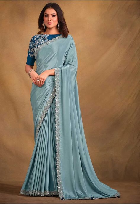 Embroidered Border Satin Georgette Saree in Light Blue Blouse Design For Saree, Exotic Outfits, Dress Saree, Fancy Fabric, Fancy Blouse, Indian Sarees Online, Elegant Attire, Satin Saree, Designer Sarees Online