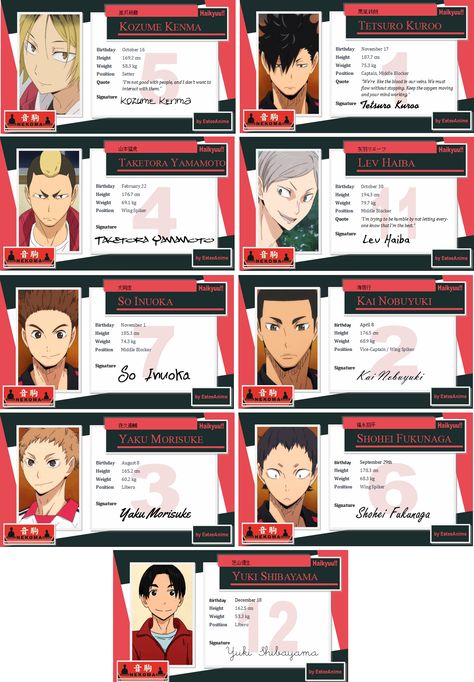 Haikyuu!! Character Cards - Nekoma by EsteeSo Lakaran Fesyen, Haikyuu Nekoma, Anime Karakterek, Kuroo Tetsurou, Anime Printables, Haikyuu Kageyama, Haikyuu Karasuno, Idee Cosplay, Haikyuu Wallpaper