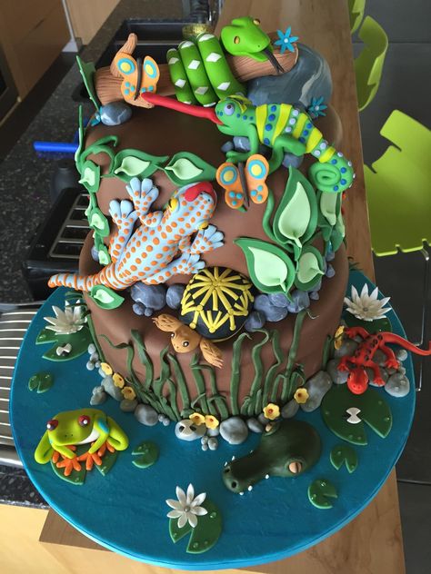 Chameleon Cake Birthdays, Reptile Party Cake, Lizard Cake Ideas, Reptile Cake Ideas, Reptile Cakes For Boys, Chameleon Party, Reptile Birthday Cake, Rainforest Cake, Chameleon Cake