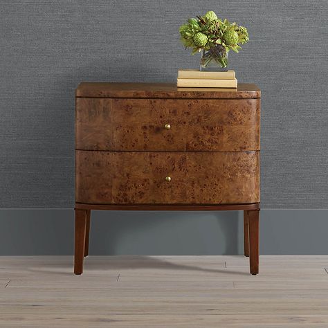 With its gently curved silhouette and burlwood exterior, our timeless Brando Collection elevates the look of any room while providing plenty of storage and serving space. Crafted of mahogany hardwood and engineered wood with Mappa burl veneer, this classic nightstand features curved front doors that open to reveal ample storage. It also has a convenient built-in power strip with a USB port.Crafted of mahogany hardwood and engineered wood with Mappa burl veneer. Antiqued burnished brass-finished hardware. Russet or Honey finish. Full extension, soft close drawers. Power strip with USB port. For indoor use. Included anti-tip kit is required for installation; kit consists of safety-tested mounting hardware, a nylon strap and instructions. To prevent injuries or damage to item, recommended tea Accent Furniture Bedroom, Classic Nightstand, Bedroom Furnishings, Furniture Placement, Burnished Brass, Primary Bedroom, Bedroom Night Stands, Soft Close Drawers, Warm Brown