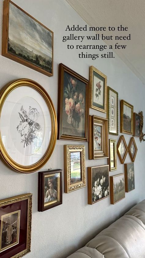 Antique Art Wall Decor, Gallery Wall Ideas Mixed Frames, Vintage Photos Gallery Wall, Over The Bed Gallery Wall, Vintage Gallery Wall Over Couch, Vintage Wall Frames Ideas, Wall Gallery Ideas Stairs, Picture Gallery Wall Ideas Stairs, Vintage Frames Gallery Wall