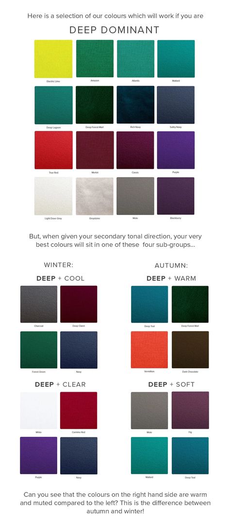 Tonal directions: Deep True Winter Color Palette, Wardrobe Color Guide, Deep Winter Palette, Deep Autumn Color Palette, Soft Summer Palette, Deep Winter Colors, Clear Winter, Winter Color Palette, True Winter