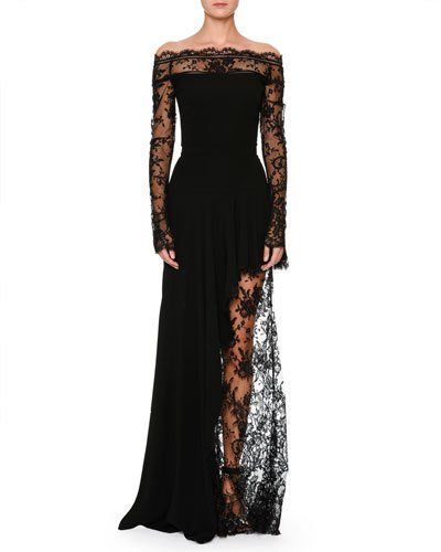 B43BU Alexander McQueen Off-the-Shoulder Lace Illusion Column Evening Gown Alexander Mcqueen Dress, Velvet Evening Gown, Red Evening Gowns, Mcqueen Dress, Evening Gowns With Sleeves, Black Evening Gown, Alexander Mcqueen Dresses, Gaun Fashion, Long Sleeve Gown