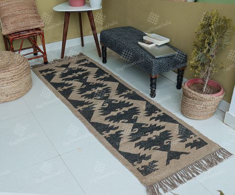 Handwoven Multicolr Jute Kilim Runner, Natural Jute Bohemian Runner/Doormat, Jute Woven Rug with Fringes by rughouseindia on Etsy Jute Woven Rug, Black White Design, Wooden Floorboards, Jute Runner, Jute Wool Rug, Rug Natural, Kilim Runner, Jute Rug, Natural Jute