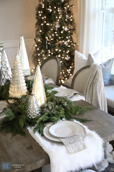 White Table Christmas Decor, Christmas Tree Dining Table Centerpiece, Christmas Dining Table Decor Farmhouse, Dining Table Christmas Decor Simple, Rectangle Christmas Table Decor, Holiday Dining Table Decor Modern, Christmas Trees Table Decor, Rectangle Table Christmas Decor, Dining Table Xmas Centerpiece