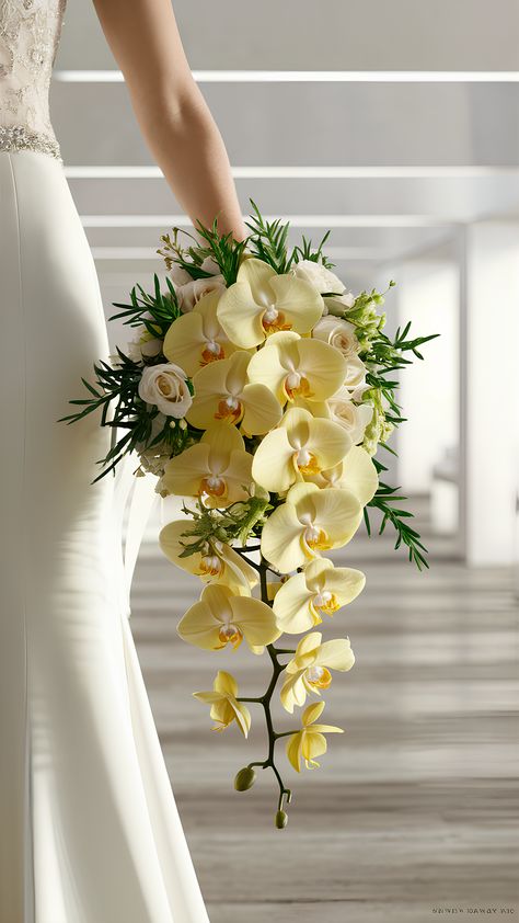 Elegant Sunny Yellow Orchids for Wedding Bouquets Orchid And Sunflower Bouquet, Yellow Orchid Bouquet, Butter Yellow Wedding, Wedding Bouquets Bright, Yellow Wedding Bouquets, Yellow Flower Wedding, Wedding Bouquet Yellow, Hoco Bouquet, Hand Buket