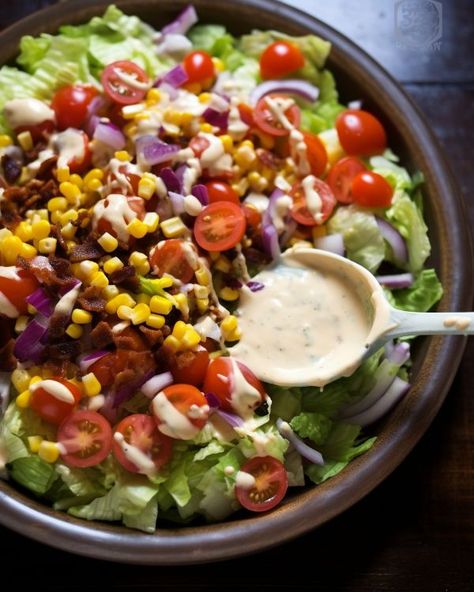 We can't get enough of this 'cowboy' salad Western Salad Recipes, Cowboy Trifle Salad, Cowboy Salad Recipe Pioneer Woman, Browns Social House Cowboy Salad Recipe, Cowboy Salad Browns Social House, Texas Salad, Cowboy Salad Recipe, Greek Salsa Recipe, Greek Salsa