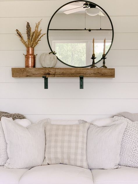 barn beam used as wall shelf Shelf Above Couch, Couch Wall Decor Ideas, Beam Shelf, Wall Behind Couch, Shelves Above Couch, Decor Above Couch, Above Couch Decor, Penthouse Ideas, Couch Wall Decor