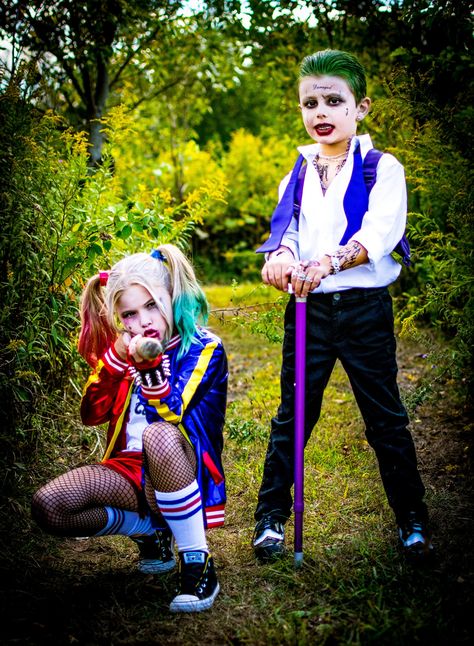 Joker Toddler Costume, Halloween Costumes Joker And Harley, Harley Quinn Costume Ideas, Joker And Harley Quinn Costume, Kids Joker Costume, Diy Joker Costume, Brother Sister Halloween Costumes, Heidi Klum Halloween Costume, Joker Und Harley Quinn