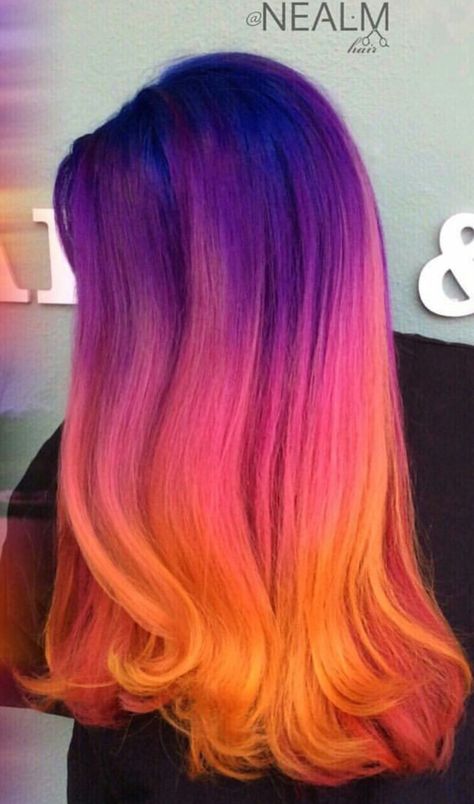 Purple Pink Orange Yellow Hair, Purple And Coral Hair, Neon Ombre Hair, Pink Orange And Purple Hair, Purple Vivid Hair, Purple And Orange Hair Short, Sunset Hair Color Ombre Purple, Multi Color Ombre Hair, Purple To Orange Ombre Hair