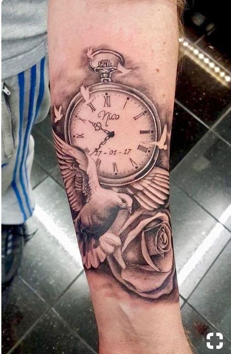 61+ Best Tattoo Ideas and Designs For Men For 2021 Clock And Rose Tattoo, Rip Tattoos For Mom, Watch Tattoo Design, Memorial Tattoo Designs, Rip Tattoo, Pocket Watch Tattoos, Tato Dada, Tattoos Pinterest, Tatuagem Masculina Pequena