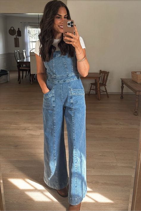 Wide-Leg Denim Overalls curated on LTK Flowy Overalls Outfit, Jean Jumper Outfit Denim, Overall Outfit Fall, Jumper Outfit Denim, Jean Jumper Outfit, Denim Jumper Outfit, Jean Jumpsuit Outfit, Denim Overalls Outfit, Fall Overalls