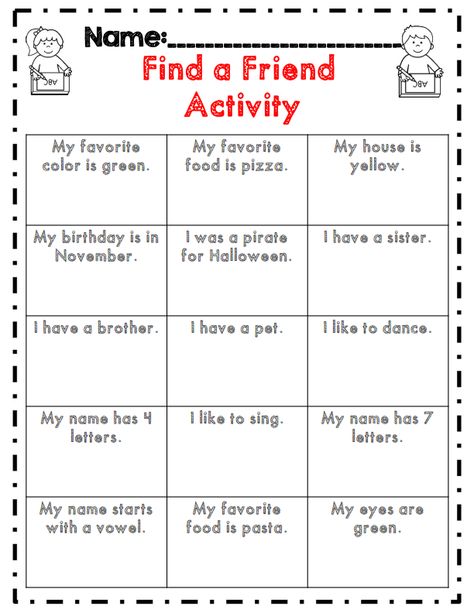 find a friend activity great ice breaker for back to school! Welcome Back To School Activities, School Wellbeing, Second Grade Back To School, School Friendship, Friendship Lessons, Friendship Theme, Friendship Activities, Substitute Teaching, Preschool Planning