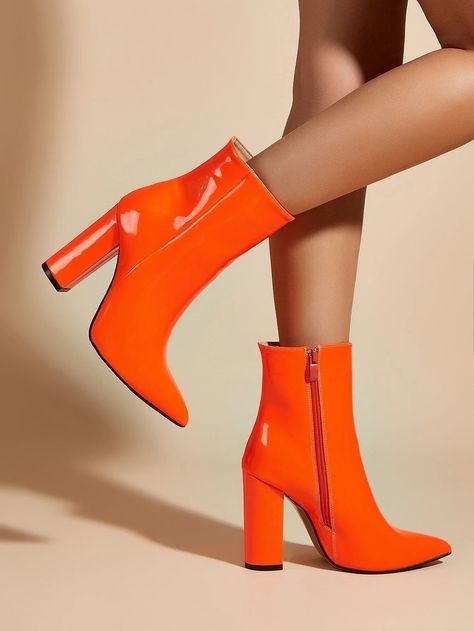 Neon Boots, Classic Boots Woman, Orange Boots, Neon Fashion, Orange Aesthetic, Chunky Heels Boots, Boots Women Fashion, Classic Boots, Punk Style