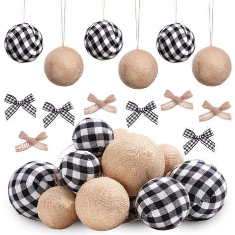 Black And White Buffalo Plaid Christmas, Buffalo Check Christmas Decor, Rustic Christmas Decorations, Xmas Balls, Buffalo Plaid Fabric, Farmhouse Christmas Ornaments, Fabric Balls, Buffalo Check Christmas, Farmhouse Christmas Tree