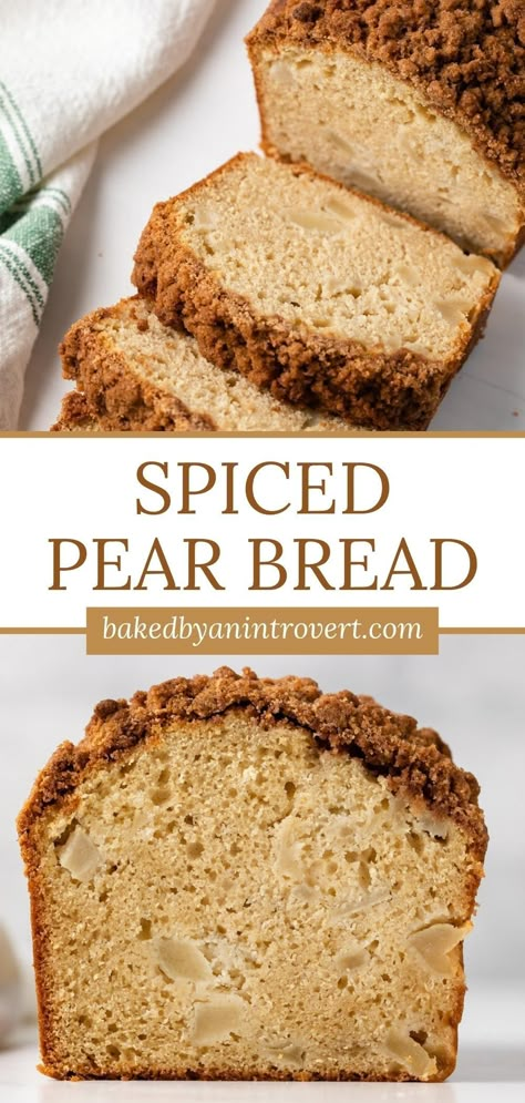 Lightly spiced with cardamom and topped with a delightful cinnamon sugar crumble, this spiced pear bread is an easy quick bread. Dense, light, and moist, it makes a great treat for fall and beyond! Spiced Pear Bread Recipes, Pear Cardamom Bread, Pear Spice Bread, Pear Quick Bread Recipes, Apple Pear Bread, Seasonal Bread Recipes, Fall Pear Recipes, Spiced Pear Bread, Pear Sourdough Recipes