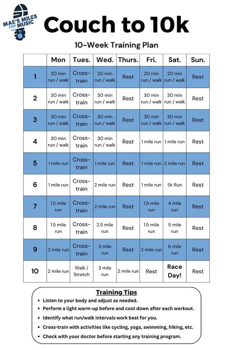 A couch to 10k training plan that spans ten weeks and provides insight each day. Walking/running, cross training, and resting are all important parts of this training schedule for beginner runners. 10 Week 10k Training Plan, 10 Week Running Plan, 10 K Running Plan For Beginners, Run 10k Training Plan, Running Program 10k, Running 10k Plan, 10k Training Schedule 10 Week, Training For A 10k Beginner, 6k Training Plan