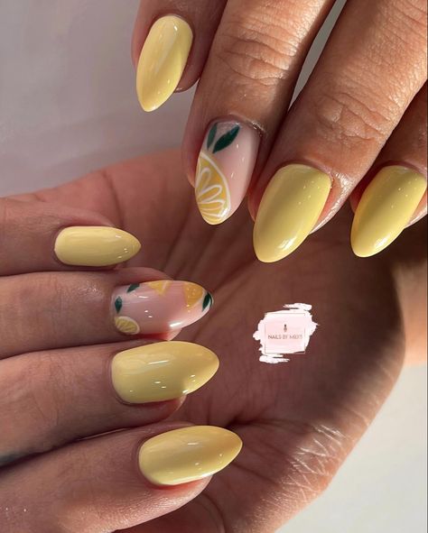 Lime Nails, Camouflage Nails, Fruit Nail Designs, Acrylic Nails Almond Shape, Lemon Nails, Simple Gel Nails, Summery Nails, Dots Nails, Almond Acrylic Nails