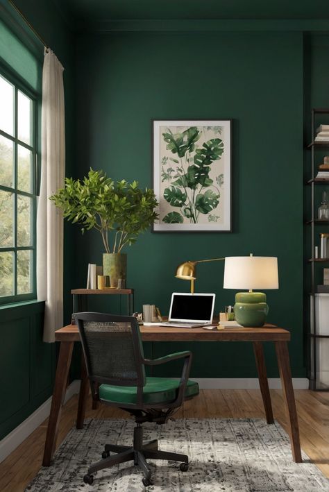 Discover the perfect wall paint color for deep greens in 2024 with Hunter Green (BM 2041-10). Create a forest retreat with this lush and inviting shade as part of your daily interior designer routine. #Ad #homedecor #homedesign #trendgirlApartment #Painthome #interiorarchitecture Wall Colors Green Room Colors
Bright Room office Colors
Apartment Renovation
Home office Remodeling
Modern Paint Colors
2024 Green Wall Decoration Ideas, Forest Green Study, Office Decor Paint Wall Colors, Forest Green Office Walls, Dark Green Room Paint, Green Office Interior Design, Aesthetic Room Paint, Hunter Green Room, Green Office Room