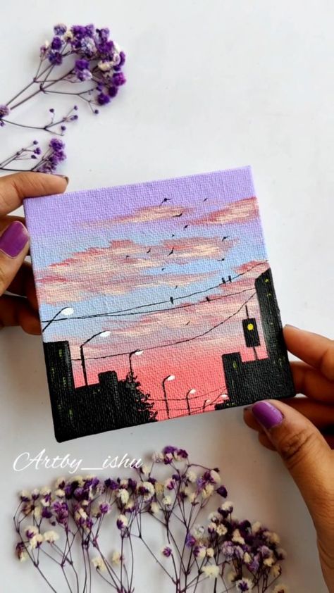 Mini Canvas Art Sky, Cityscape Mini Painting, Small Mini Canvas Paintings, Mini Canvas Sky Paintings, Canvas Pastel Art, Mini Paintings Acrylic, What To Paint On A Square Canvas, Mini Sky Painting, Mini Canvas Sunset Paintings