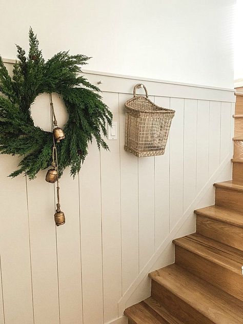 Beige Vertical Shiplap, Shiplap Stairwell, Shiplap Staircase, Stairwell Wall Ideas, Shiplap Hallway, Vertical Shiplap Wall, Shiplap Entryway, Farmhouse Rooms, Stairwell Ideas