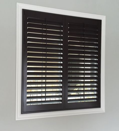 Modern Shutters Indoor, White Windows Black Shutters, Shutter Windows Indoor, Black Window Blinds Bathroom, Black Indoor Shutters, Shutters In Bathroom Window, Black Shutter Blinds For Windows, Shutters Indoor, Window Shutters Uk