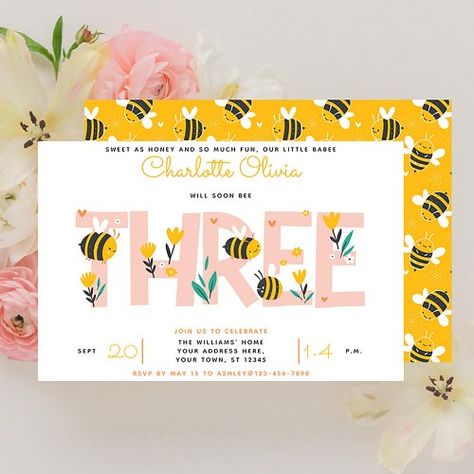 $2.65 | Cute Will Soon Bee Three Girl Floral 3rd Birthday | Birthday Invitations | girl, cute, bee birthday invitations, modern, for kids, animals, bee, 3rd, yellow, summer Bee Three Birthday Party, 3rd Birthday Invitation, Bee Birthday Party, Kids Animals, Bee Pattern, Simple Birthday, Yellow Bee, Girl Birthday Themes, Bee Birthday